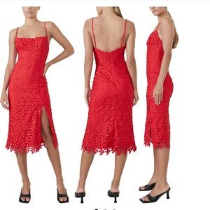 Bardot Ariel Leaf Embroidered Midi Dress in Lipstick Red